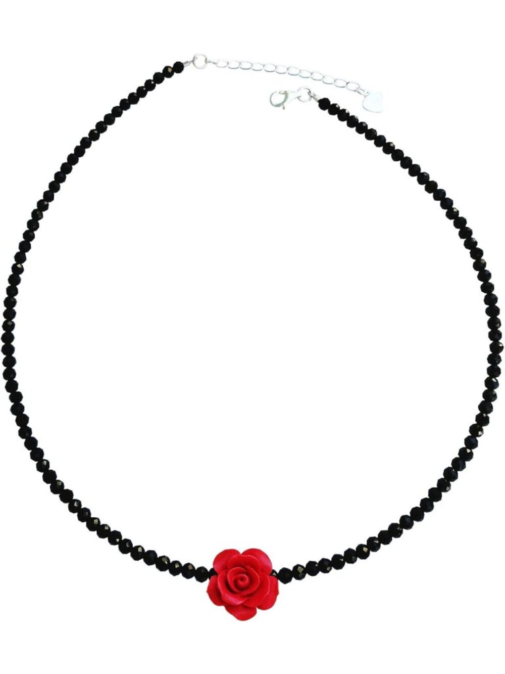 Elegant Red Rose Choker Necklace with 925 Sterling Silver & Black Spinel Beads